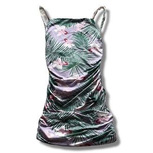 Revamped Tropical Print Mini Dress – Size L | Ruched Bodycon | Island Vibes |